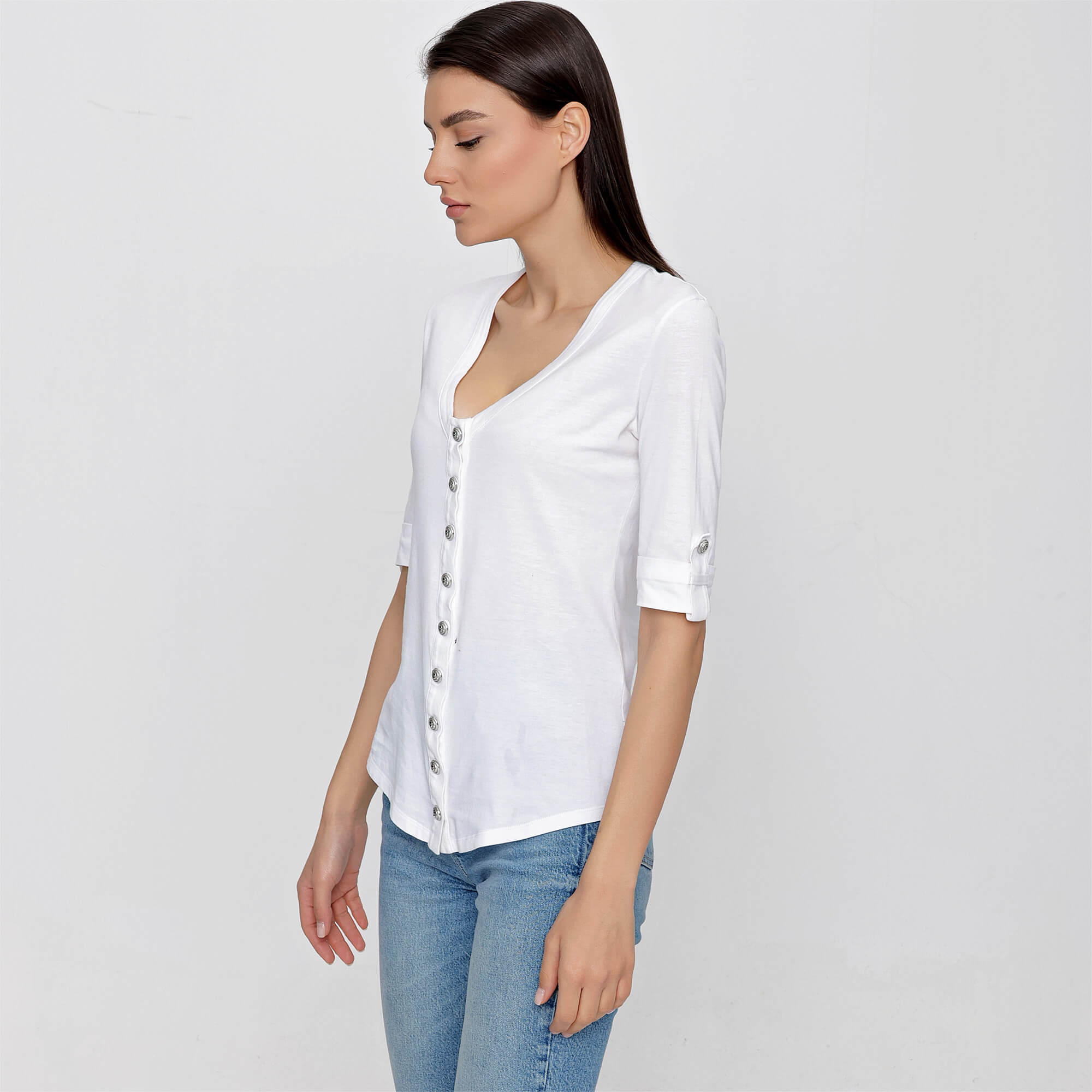 Balmain - White Cotton Button Front V Neck Half Sleeve T Shirt